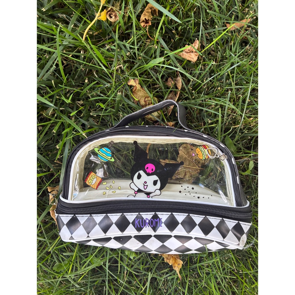 Sanrio Kuromi Clear Cosmetic Bag Space Theme Checkered Dual Zip Travel Pouch